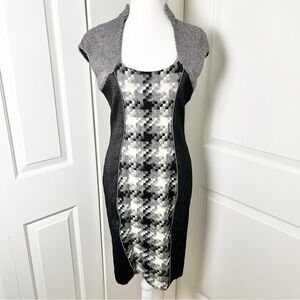 Made in Italy Houndstooth Panel Wool Sheath Dress Slimming Mod Power Look US 10